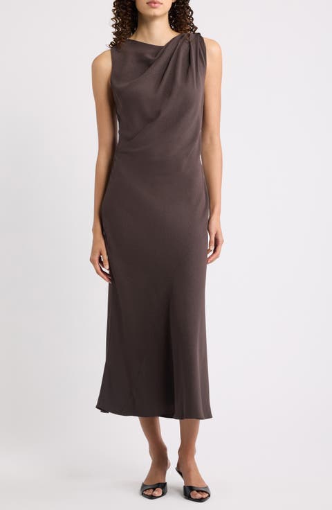 Twist Shoulder Crepe Midi Dress
