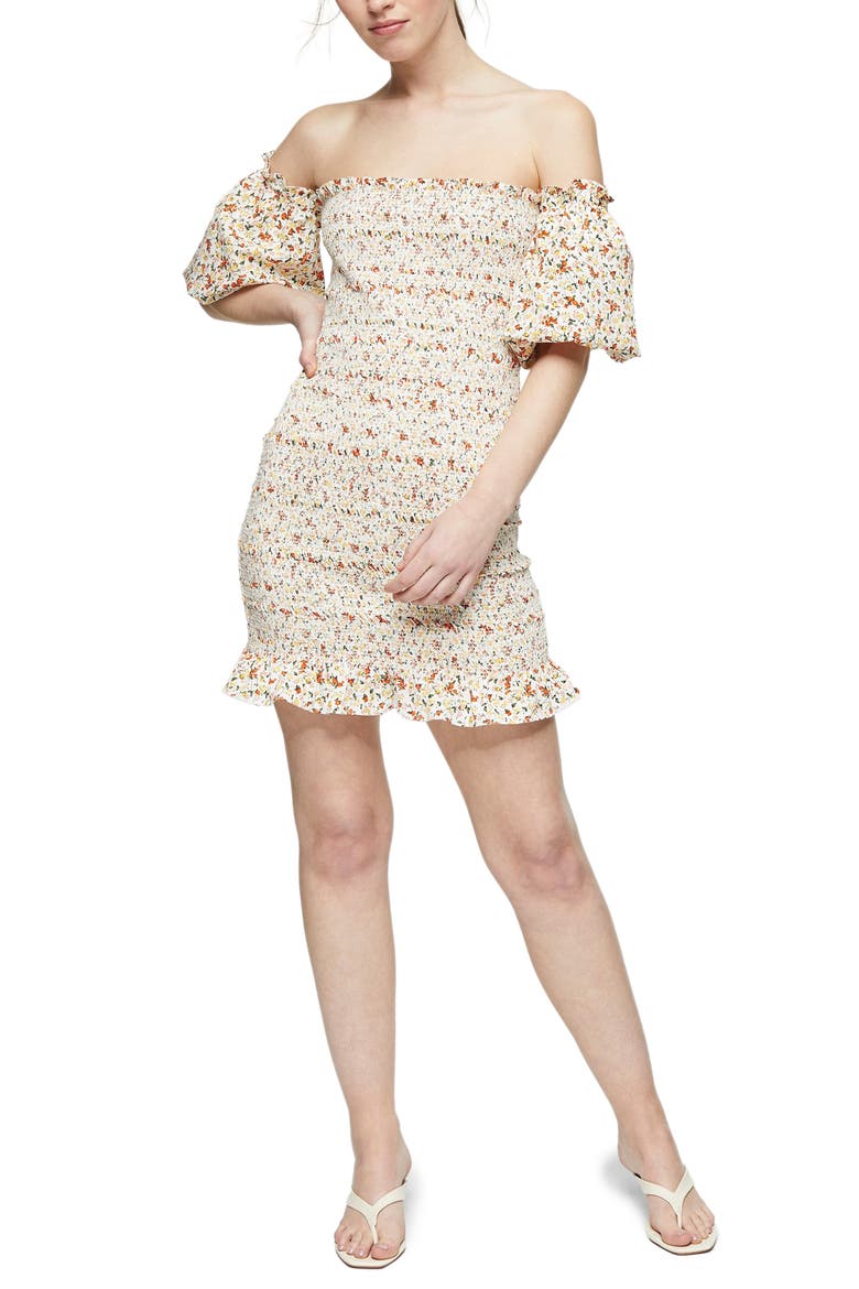 Ditsy Floral Print Off the Shoulder Minidress, Main, color, IVORY
