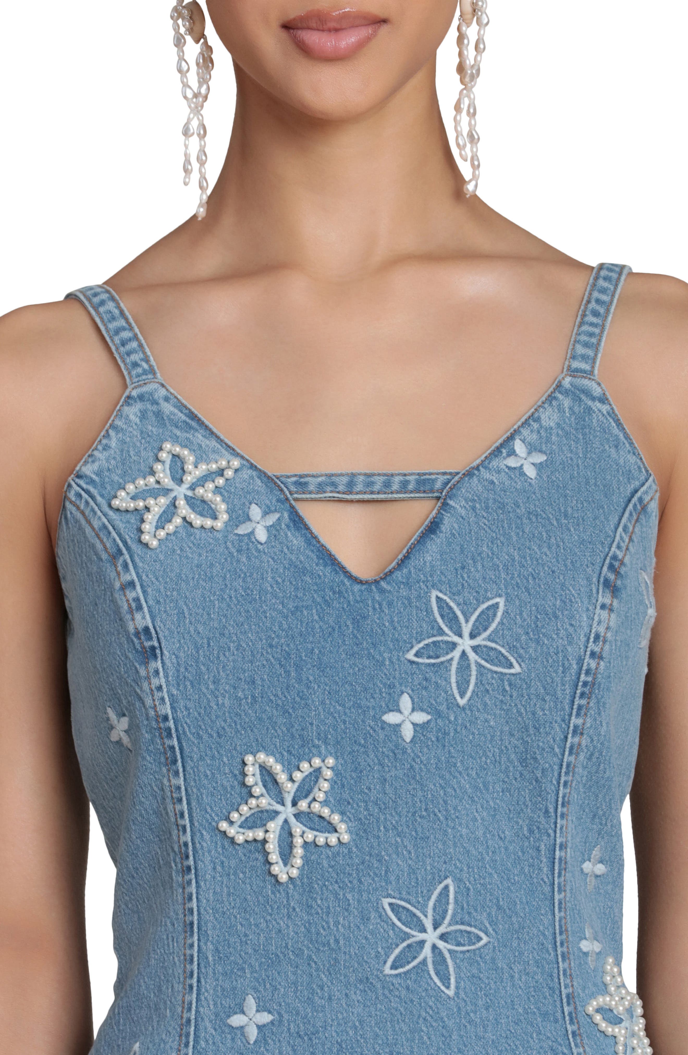 denim dress with pearls Niveda Embellished Denim Sheath Dress, Size 2XL, Medium Wash, Plus