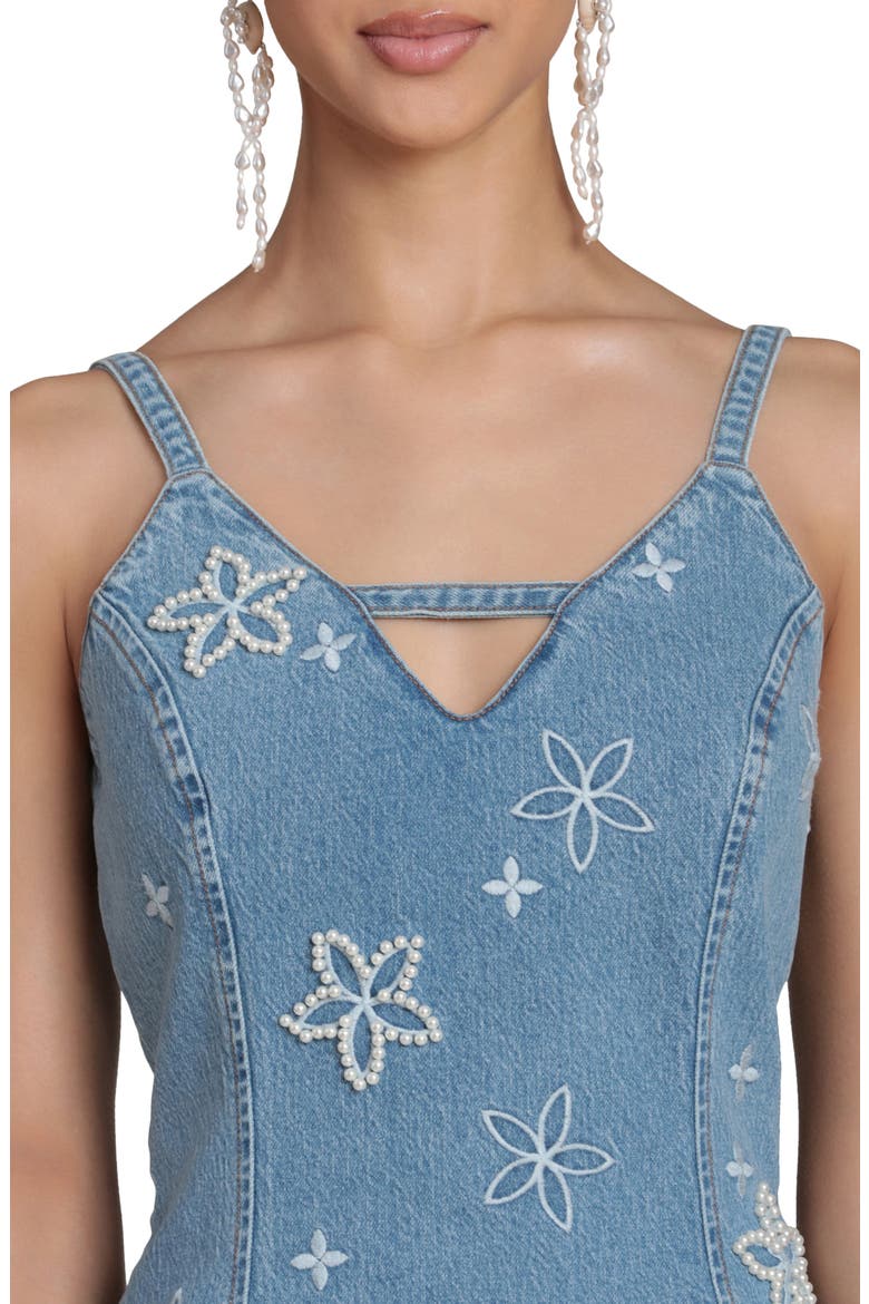 Faux Pearl Floral Detail Denim Dress, Alternate, color, FLEUR STAMP/ NIKKI WASH