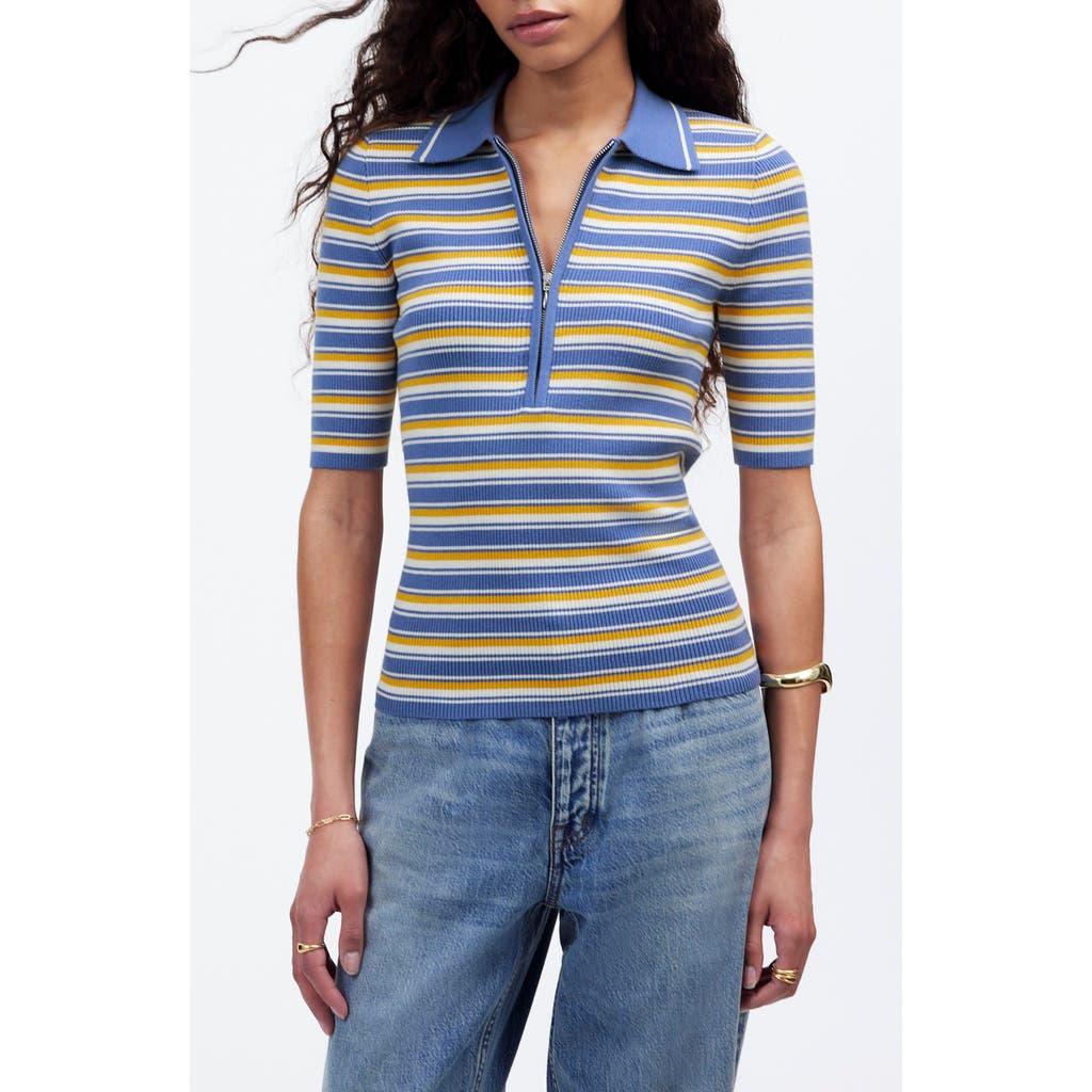 Madewell Half-zip Johnny-collar Polo In Delphinium Stripe