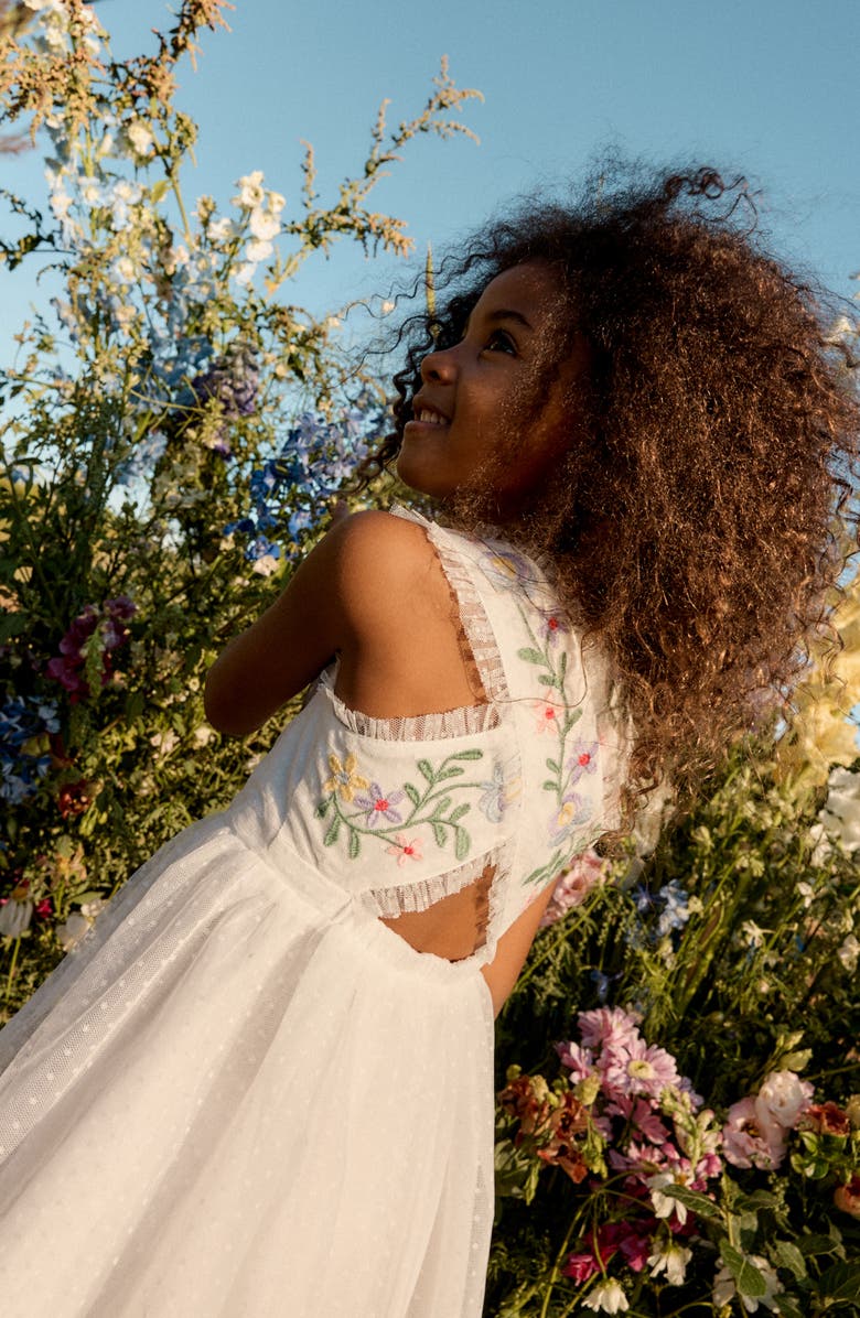 Mini Boden Kids' Embroidered Cross Back Tulle Dress, Alternate, color, Soft Ivory