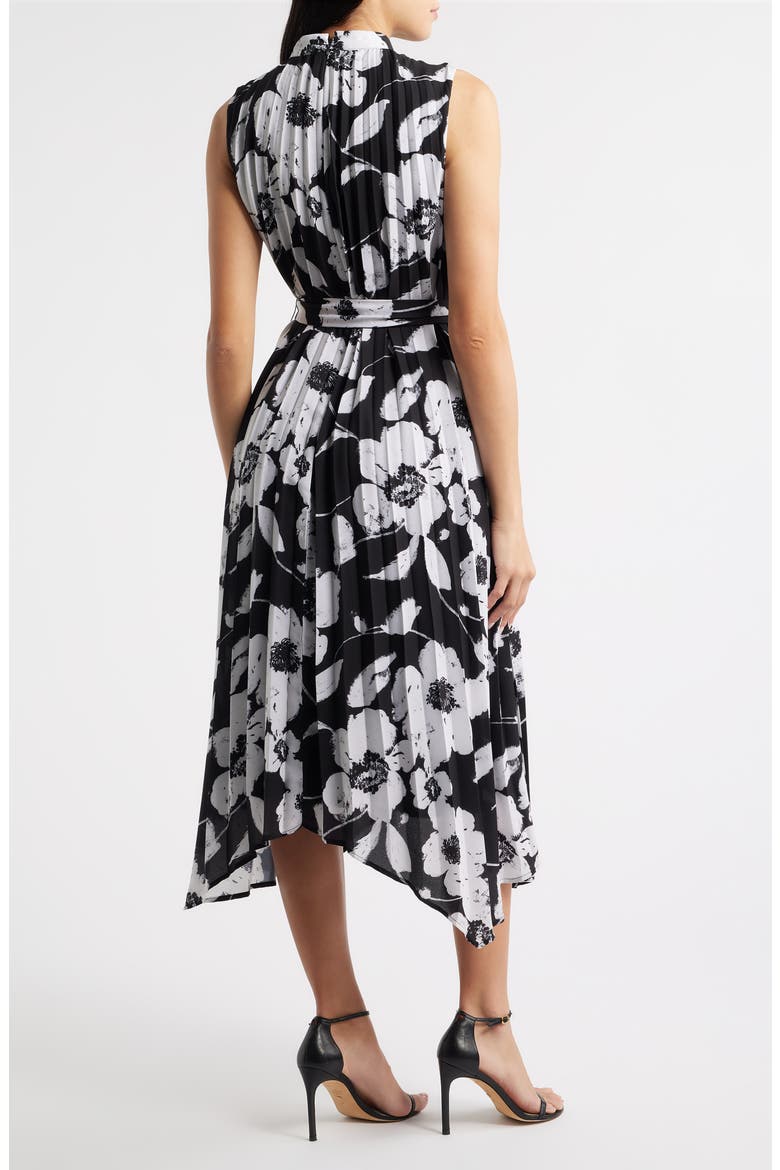Floral Handkerchief Hem Pleated Midi Dress, Alternate, color, BLACK WHITE
