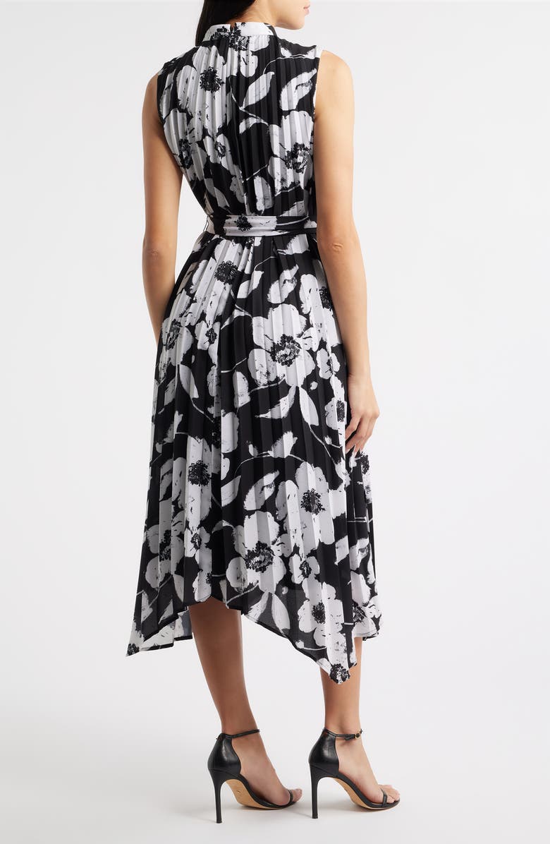 Tahari ASL Floral Handkerchief Hem Pleated Midi Dress, Alternate, color, Black White