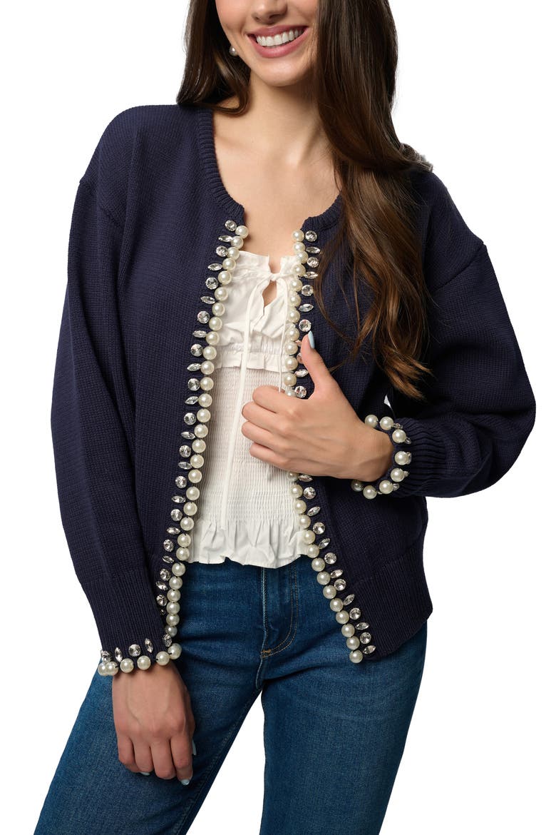 Faux Pearl & Crystal Cardigan, Main, color, NAVY
