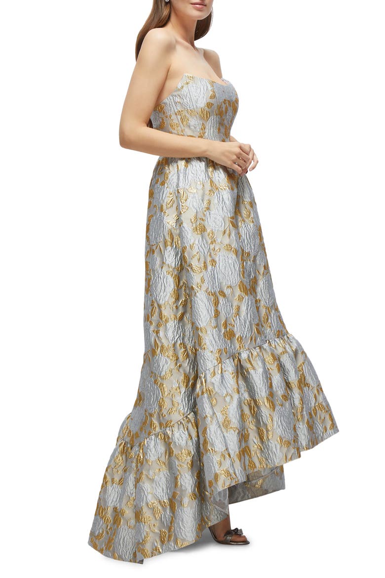 Floral Brocade Strapless High-Low Gown, Alternate, color, WINTER MIST