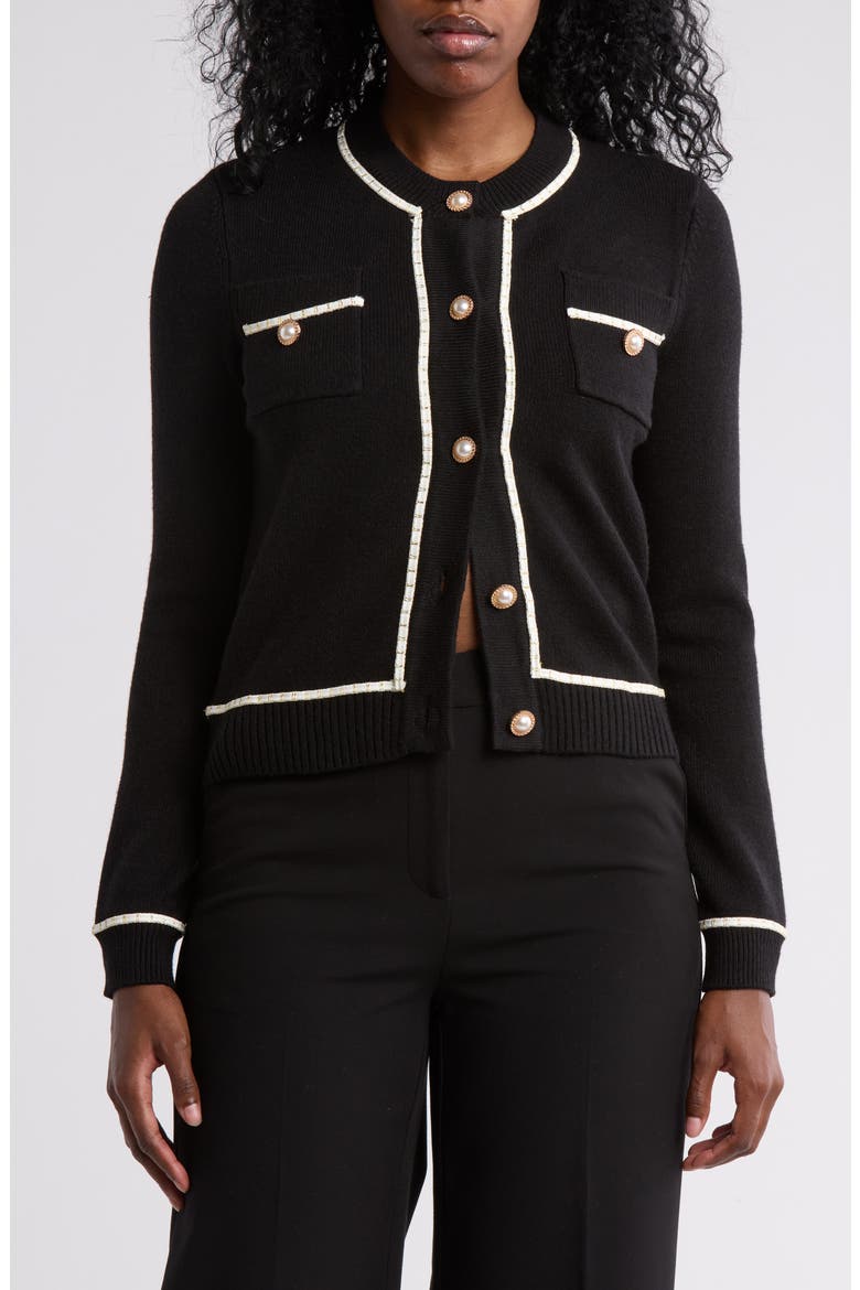 Casey Faux Pearl Button Cardigan, Main, color, BLACK/ IVORY