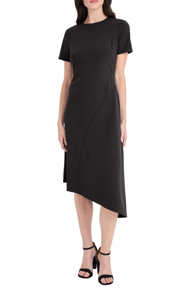 Maggy London Short Sleeve Asymmetric Midi Dress, Main, color, Black