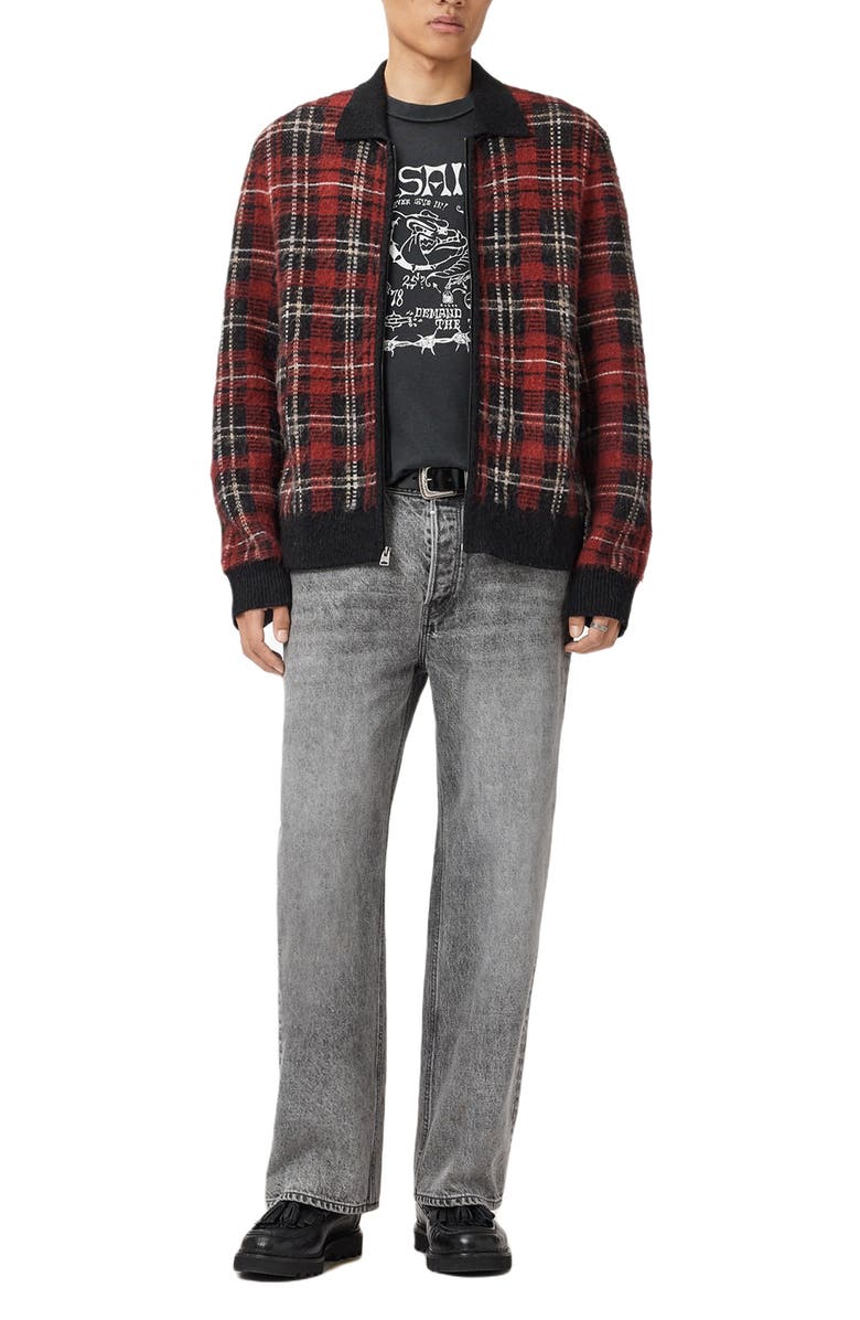 AllSaints Nettle Plaid Zip Cardigan, Alternate, color, Red