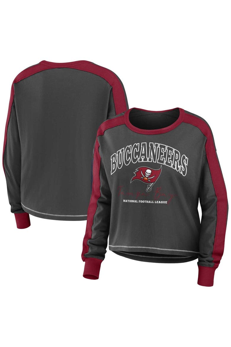 Women's WEAR by Erin Andrews Pewter/Red Tampa Bay Buccaneers Color Block Modest Crop Long Sleeve T-Shirt, Main, color, Pewter