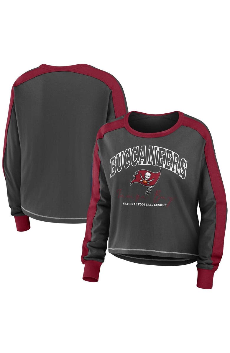 WEAR by Erin Andrews Women
s WEAR by Erin Andrews Pewter/Red Tampa Bay Buccaneers Color Block Modest Crop Long Sleeve T-Shirt, Main, color, Pewter