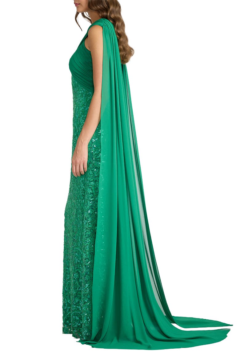 Sequin Lace Cape Halter Gown, Alternate, color, ANCIENT JADE