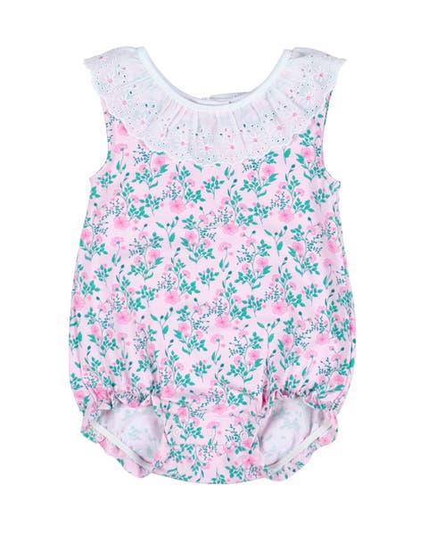 Floral Print Romper with Eyelet Collar
