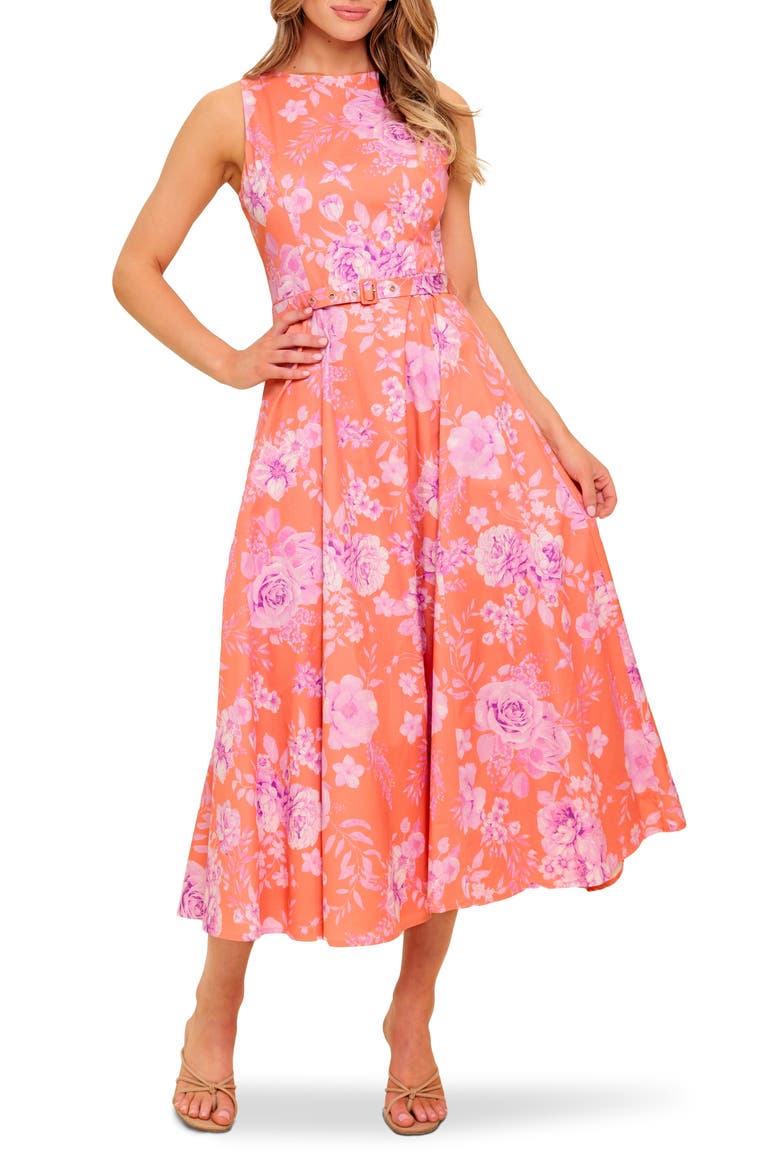 Bateau Neck Fit & Flare Midi Dress, Main, color, CORAL