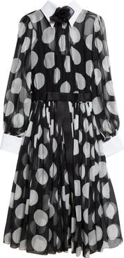 Dolce&Gabbana Polka Dot Long Sleeve Belted Chiffon Midi Dress