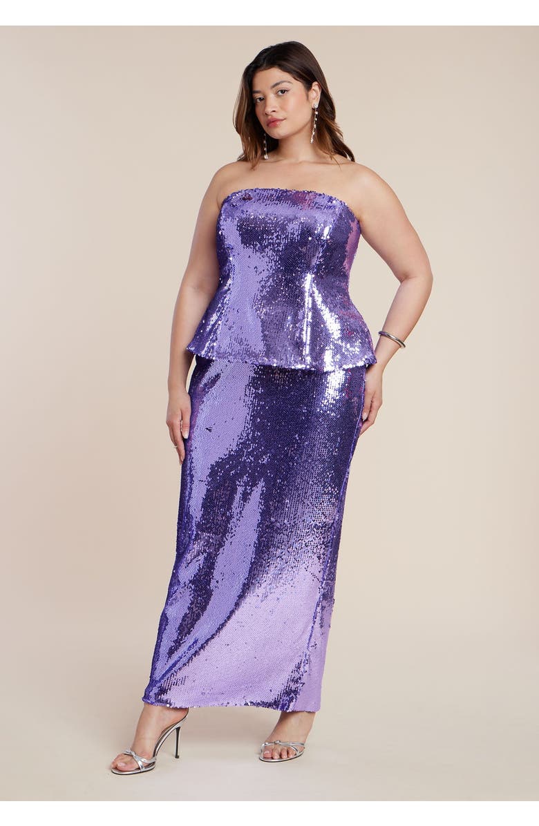 ELOQUII Strapless Bustier Paillette Gown, Main, color, Aster Purple