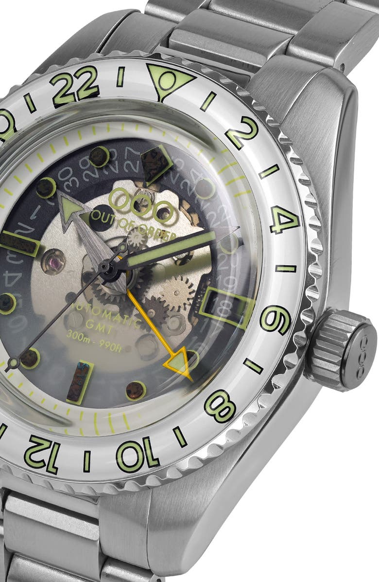 OUT OF ORDER Gin Tonic Automatic GMT Bracelet Watch, 40mm, Alternate, color, Steel