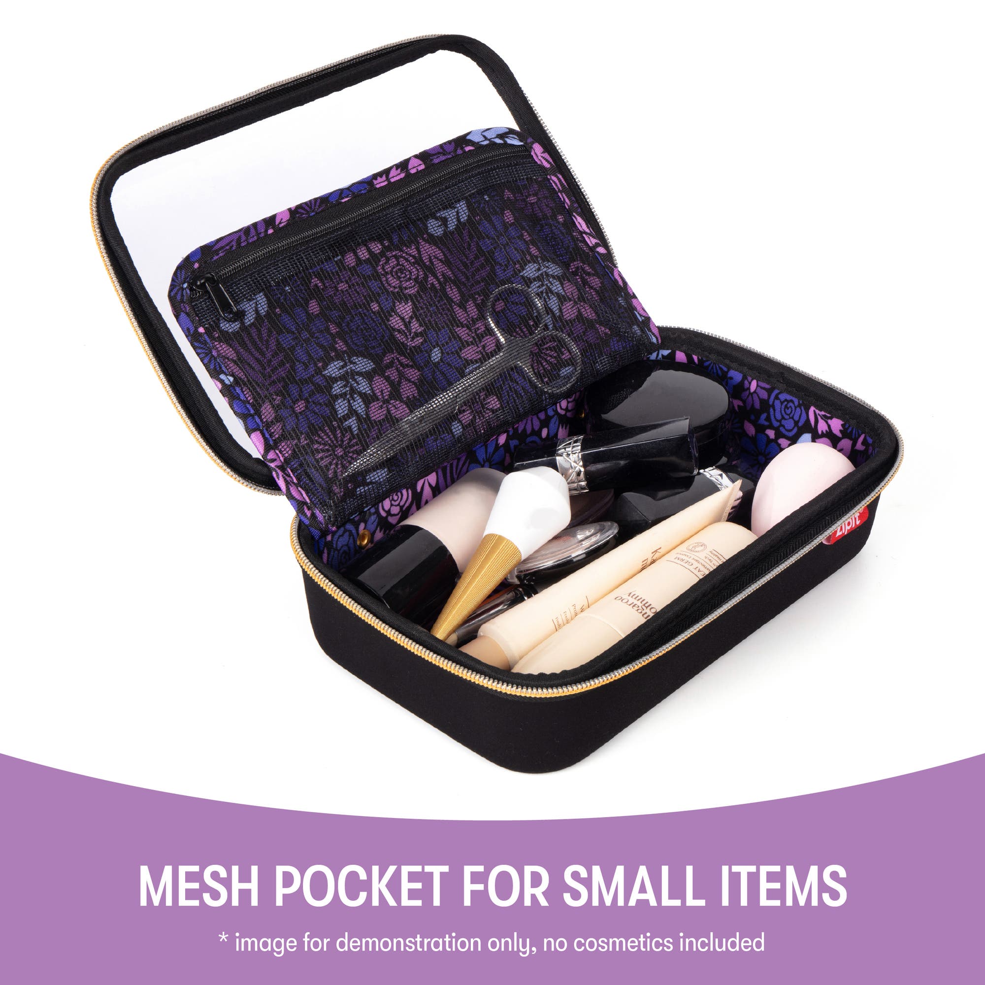 ZIPIT Travel Makeup Bag, Black & Purple Flowers, Protective Hard Shell, Alternate, color, Black