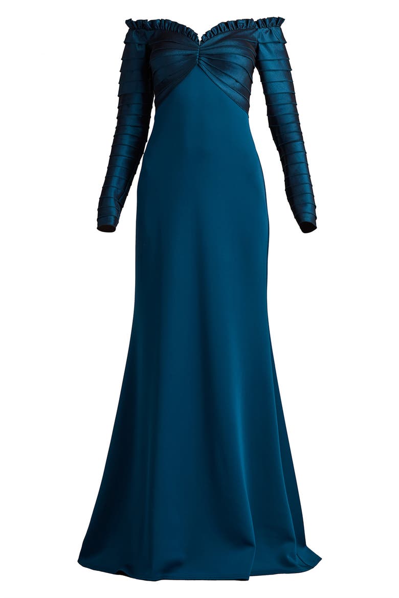 Off the Shoulder Long Sleeve Mermaid Gown, Alternate, color, CERULEAN
