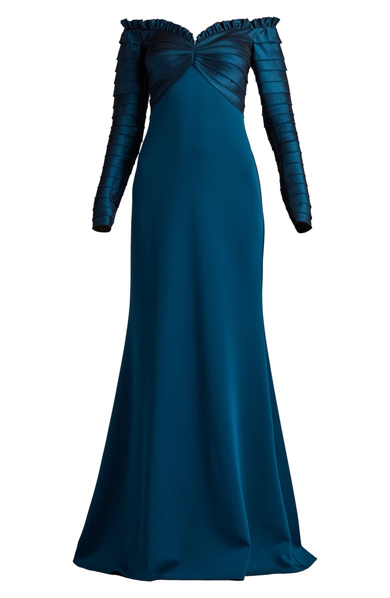 Tadashi Shoji Off the Shoulder Long Sleeve Mermaid Gown, Alternate, color, Cerulean