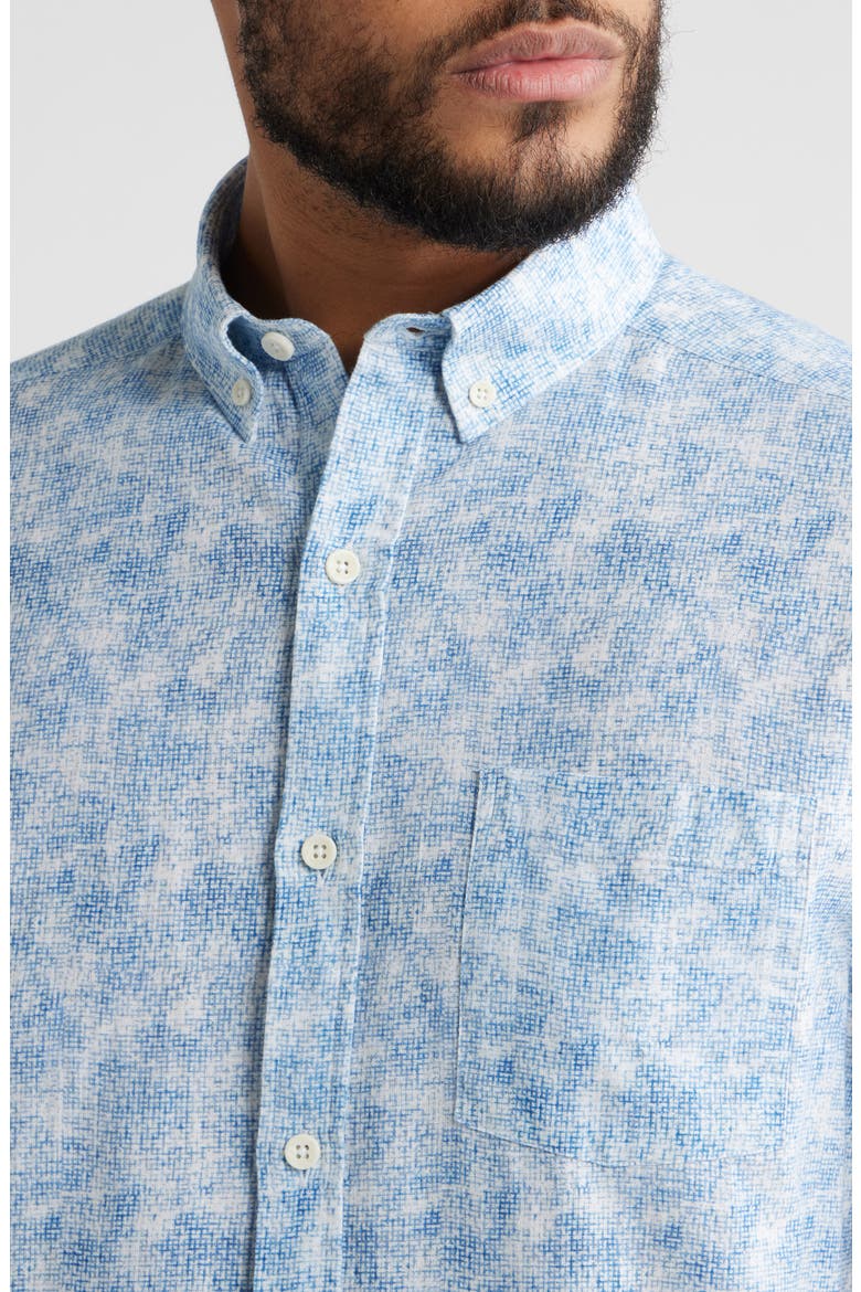 Hampton Abstract Print Short Sleeve Stretch Cotton Button-Down Shirt, Alternate, color, BLUE OMBRE GRID