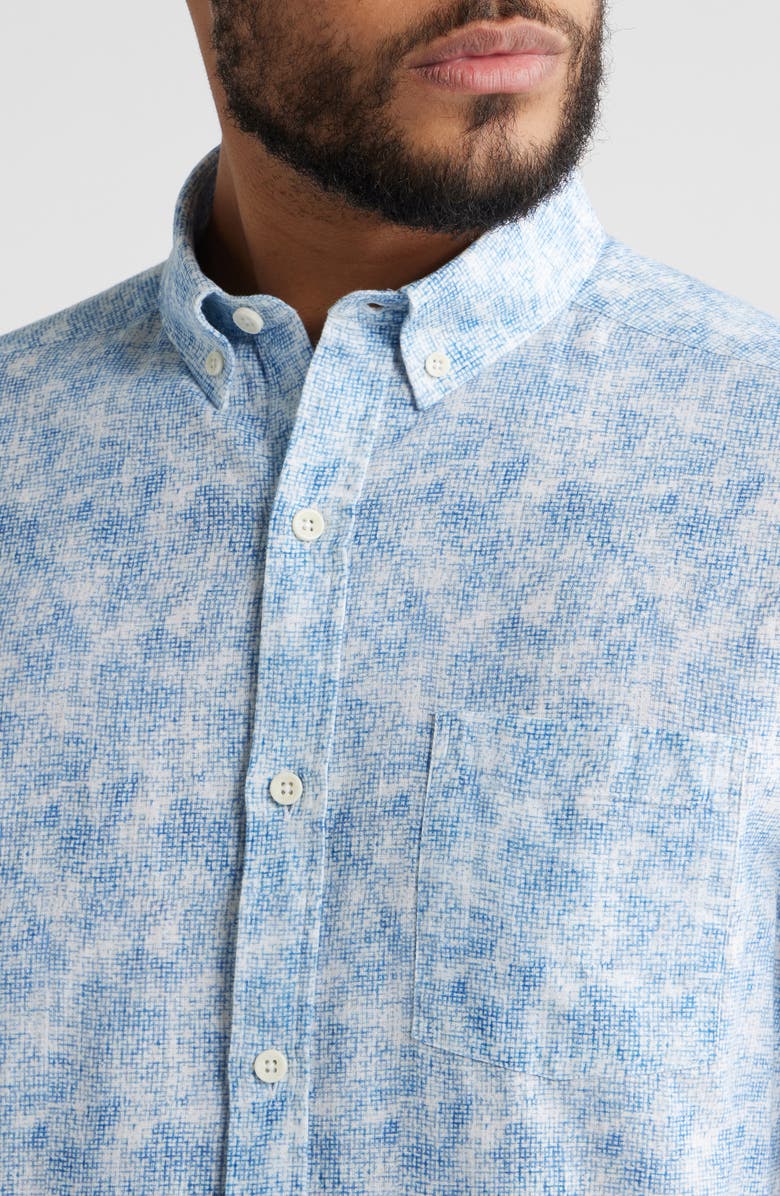 Johnston & Murphy Hampton Abstract Print Short Sleeve Stretch Cotton Button-Down Shirt, Alternate, color, Blue Ombre Grid