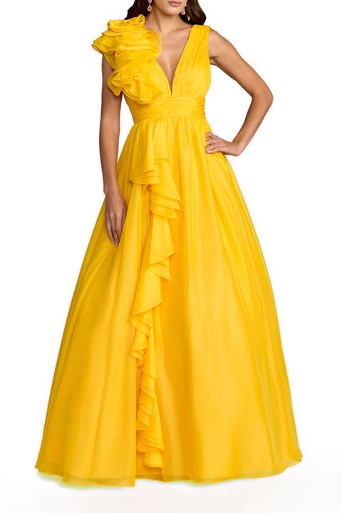 Ruffle Shoulder V-Neck A-Line Evening Gown