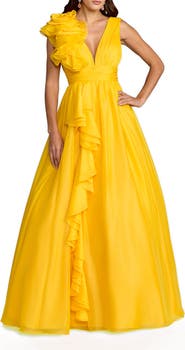 Mac Duggal Ruffle Shoulder V-Neck A-Line Evening Gown
