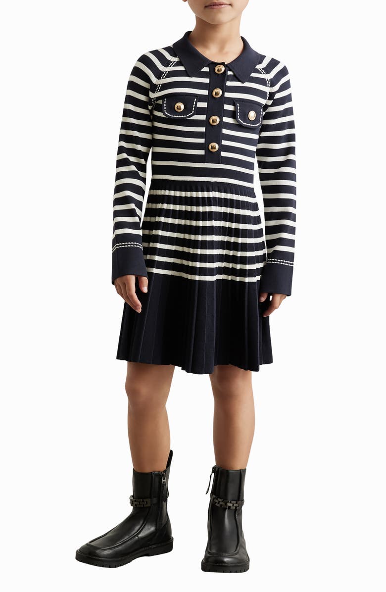 Reiss Kids' Sapna Stripe Long Sleeve Pleated Sweater Shirtdress, Alternate, color, Navy/ White