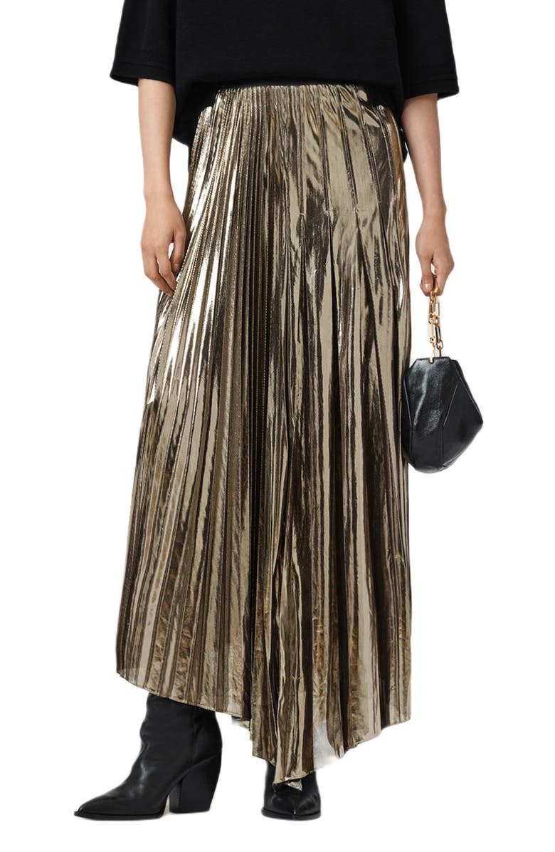 AllSaints Jax Pleated Maxi Skirt, Main, color, Bronze Gold