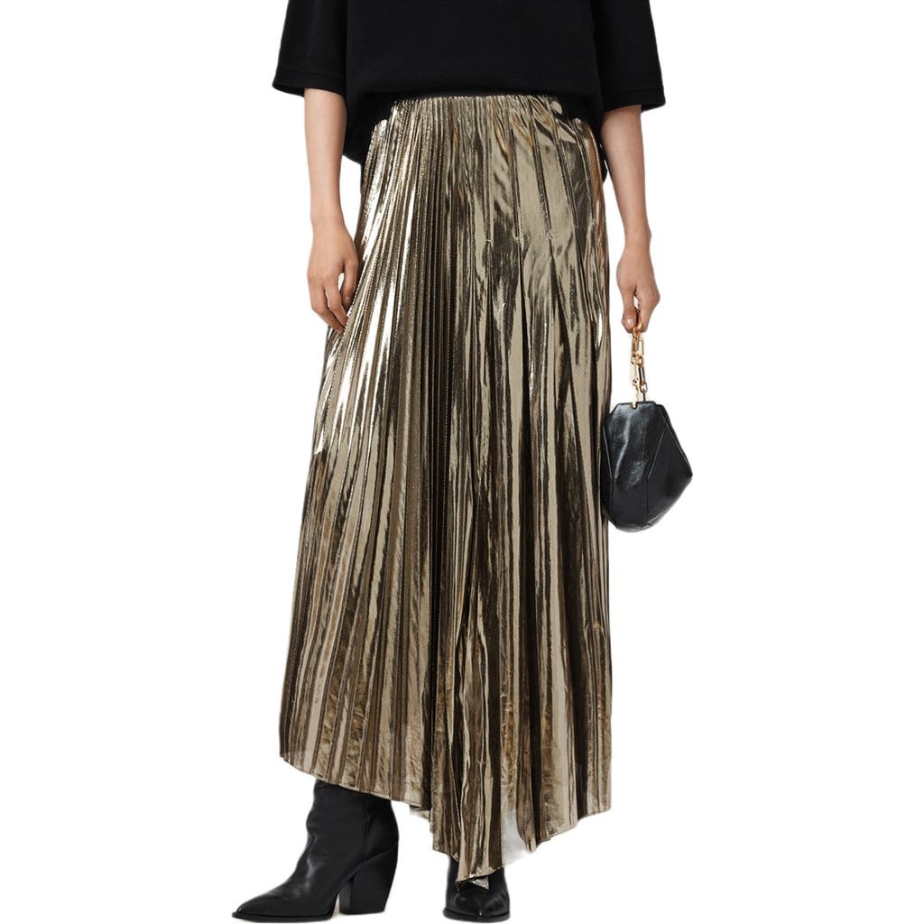 Allsaints Jax Pleated Midi Skirt In Gold