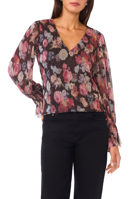 Vince Camuto Floral V-Neck Flare Cuff Chiffon Top in Rich Black 