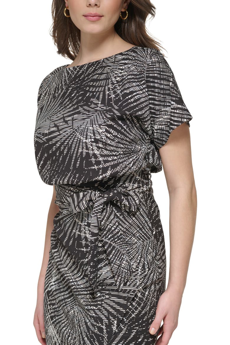 Palm Print Blouson Sheath Dress, Alternate, color, BLACK MULTI