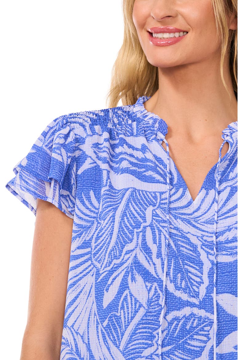 Palm Print Flutter Sleeve Top, Alternate, color, TROPIC NIGHT BLUE