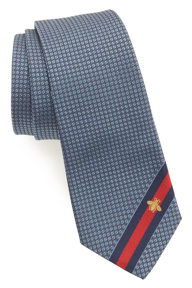 Bee Web Stripe Silk Tie, Main, color, BLUE
