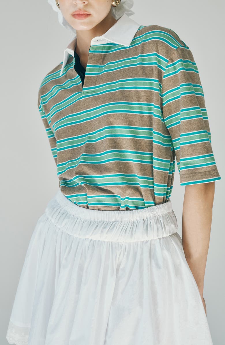 MAUDE CLUB Frankie Stripe Stretch Cotton Polo, Alternate, color, Aqua Camel Stripe