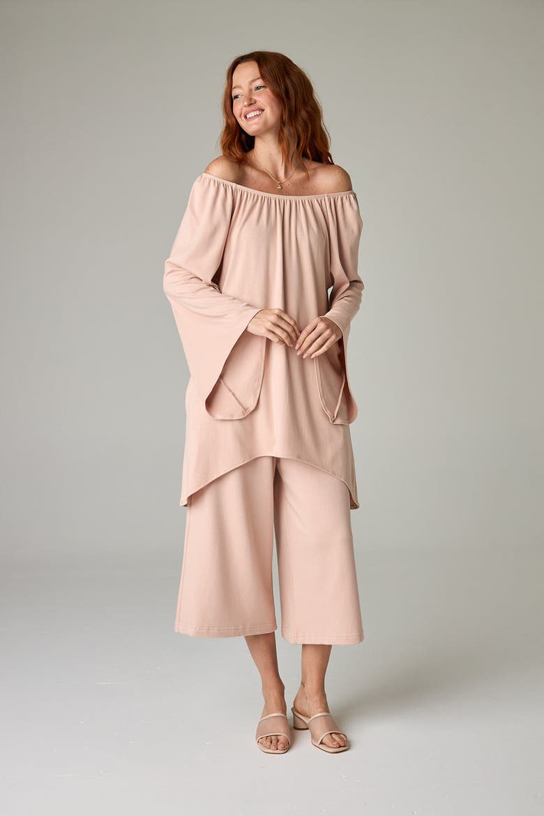 Peyto Eco-Luxe Rib Off-Shoulder Flutter Tunic/Dress - Ultra-Luxe Flow, Alternate, color, Rose Quartz