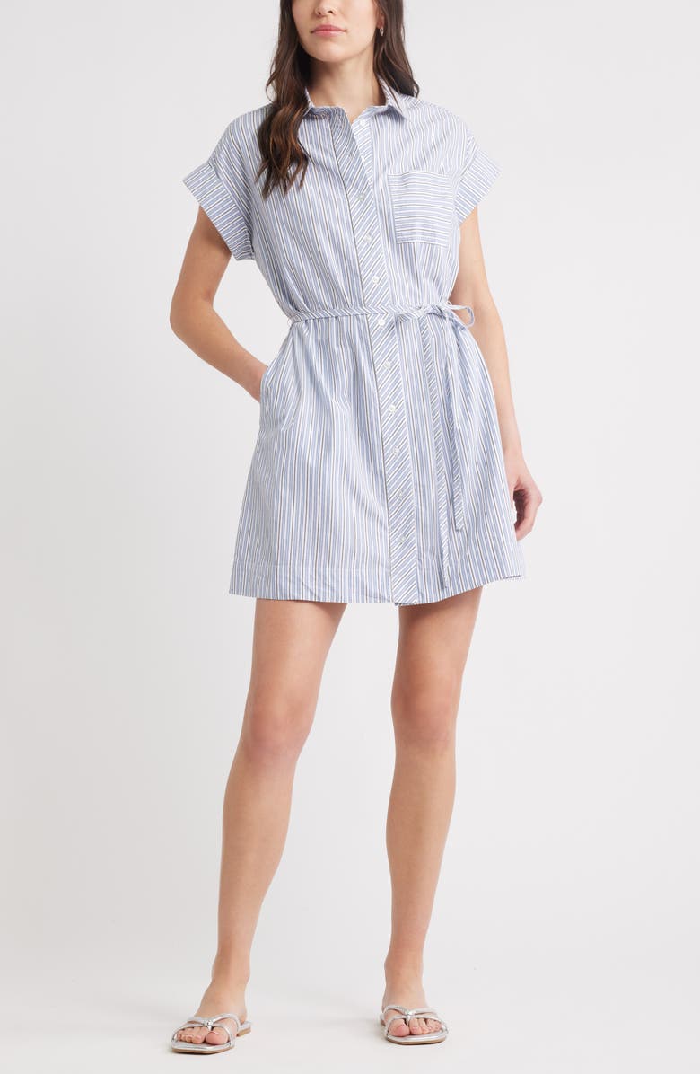 Caslon<sup>®</sup> Stripe Cotton Mini Shirtdress, Main, color, White- Navy Cill Stripe