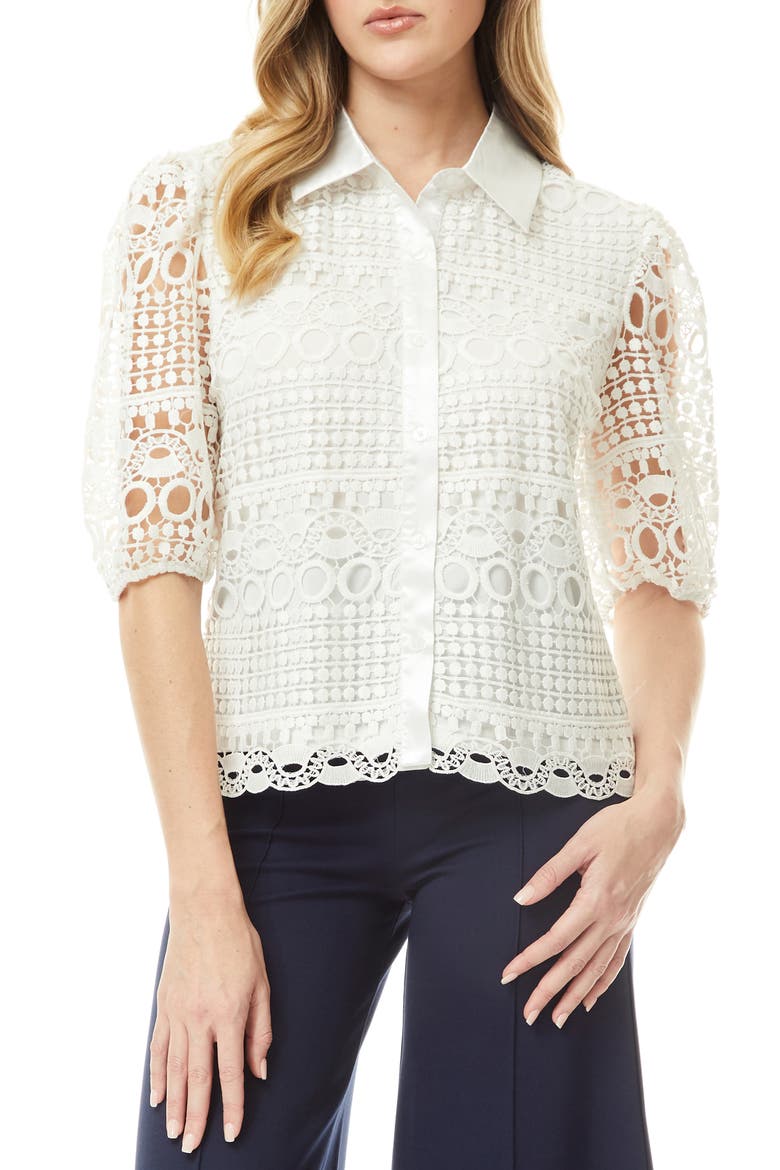 Brianna Lace Puff Sleeve Button-Up Top, Main, color, GARDENIA