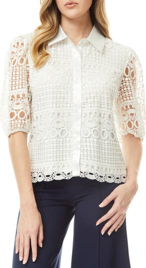 Brianna Lace Puff Sleeve Button-Up Top