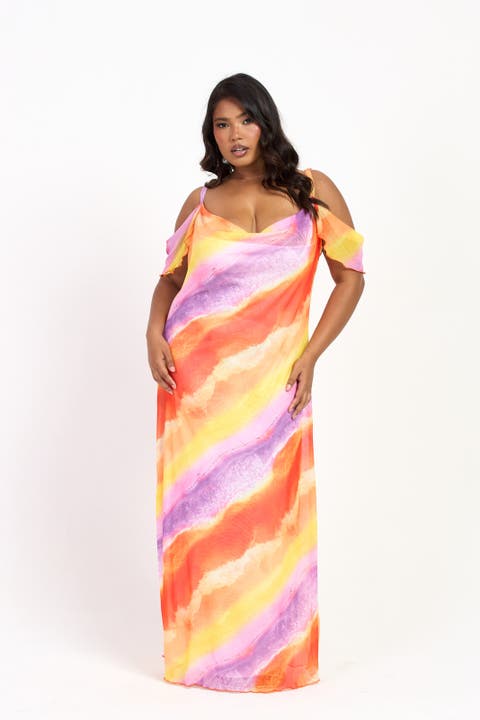 Cold Shoulder Marble Print Maxi Dress