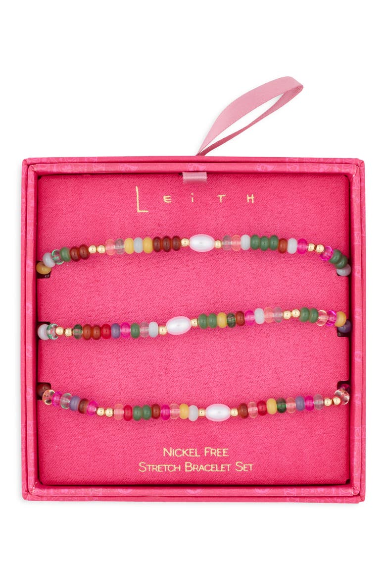 Set of 3 Bead & Imitation Pearl Stretch Bracelets, Main, color, RAINBOW MULTI- GOLD