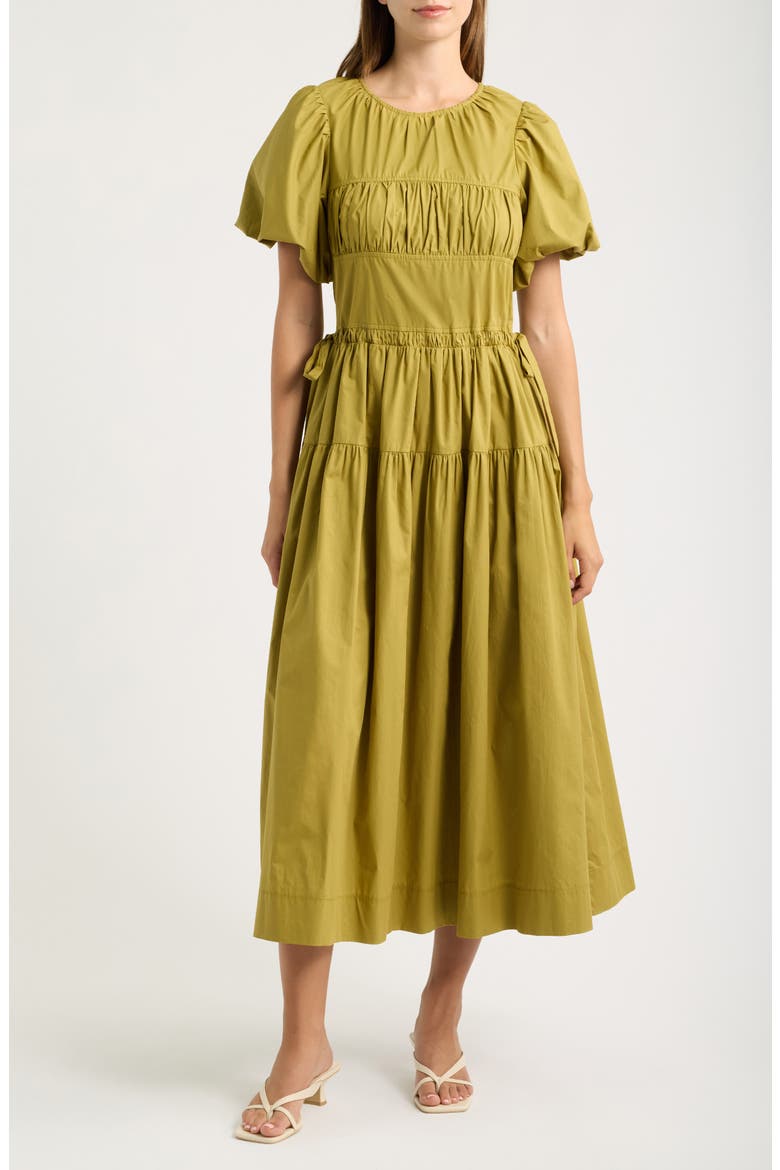 Smocked Puff Sleeve Midi Dress, Main, color, CITRON