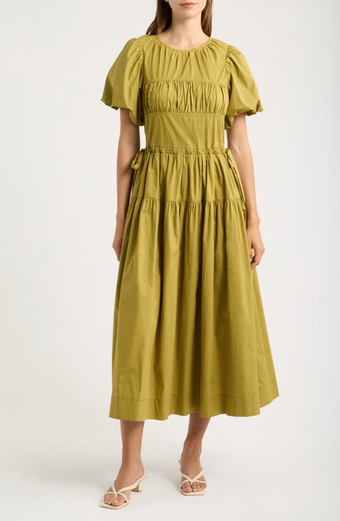 Smocked Puff Sleeve Midi Dress