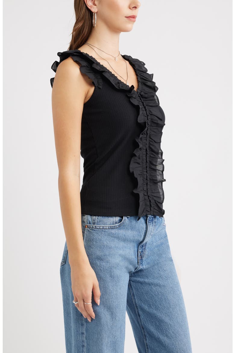 Ruffle Trim Cotton Blend Tank, Alternate, color, BLACK