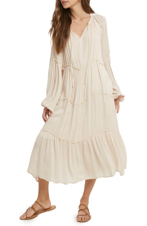 Notched Neck Long Sleeve Tiered Dress