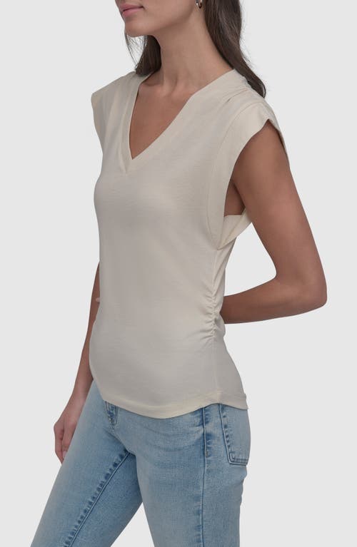 Dkny Jeans V-neck Ruched Shoulder Top In Neutral