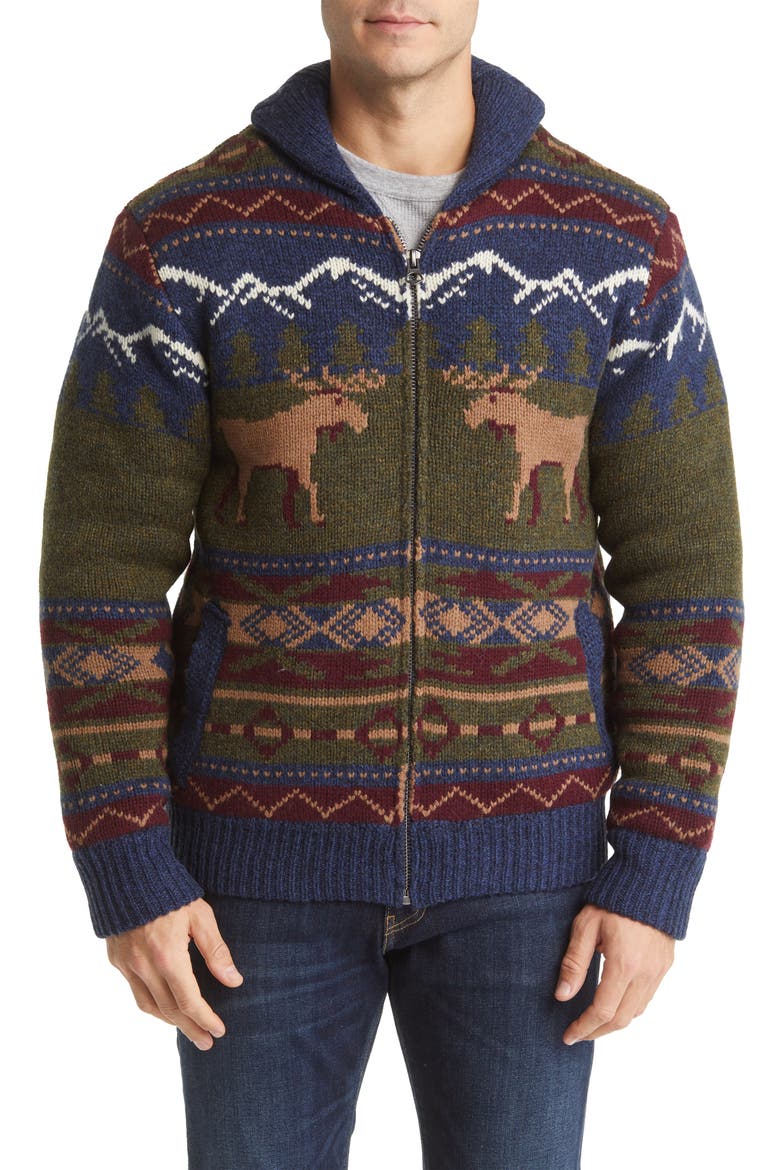Moose Shawl Collar Wool Blend Sweater Jacket with Faux Shearling Lining, Alternate, color, MULTI