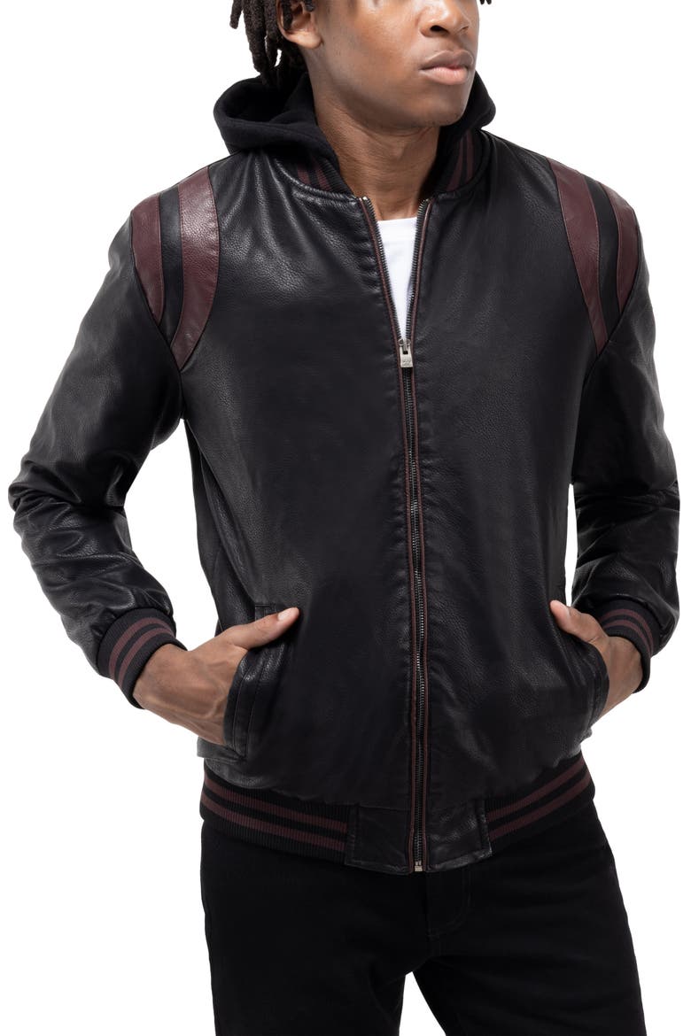 Stripe Faux Leather Hooded Moto Jacket with Faux Fur Lining, Alternate, color, BLACK/ BURGUNDY