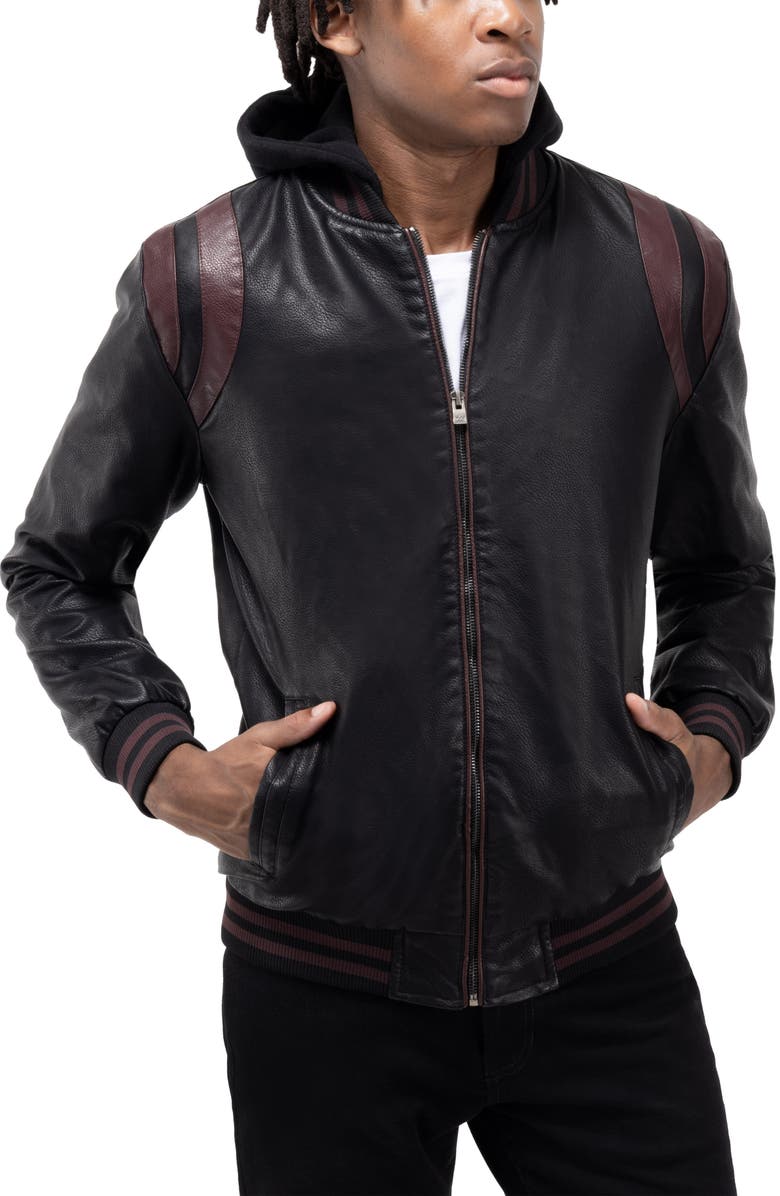 XRAY Stripe Faux Leather Hooded Moto Jacket with Faux Fur Lining, Alternate, color, Black/ Burgundy